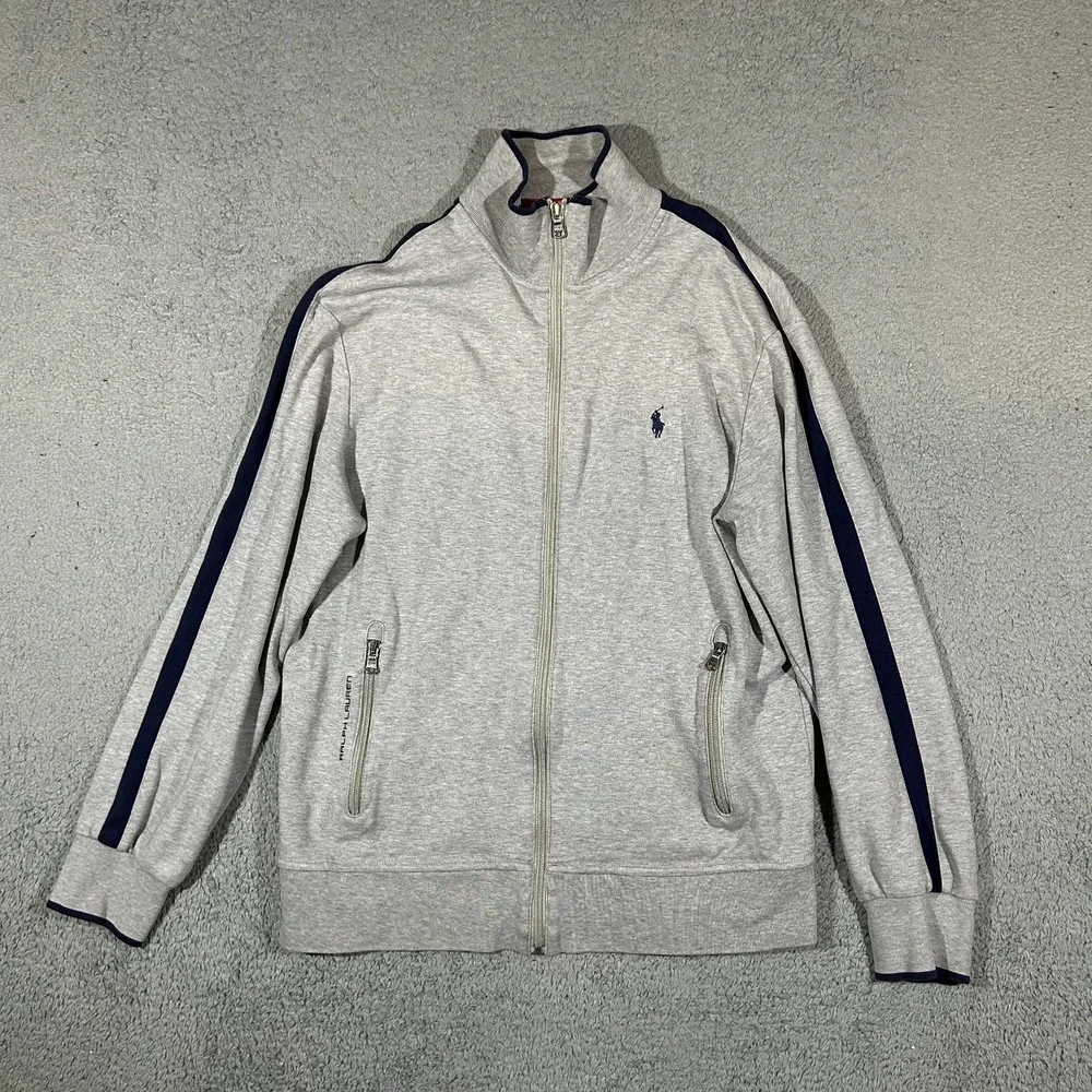 Polo Ralph Lauren Zip Up Track Jacket Grey Navy Blue Strip Men's Medium #3913